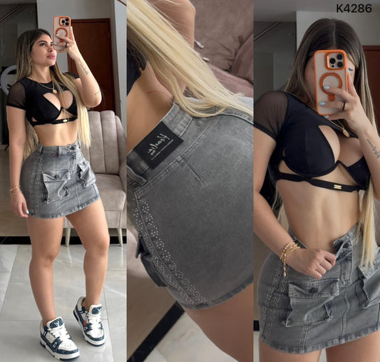 FALDA CARGO PEDRERIA LATERAL K4286 💖 ENVÍO GRATIS 💖