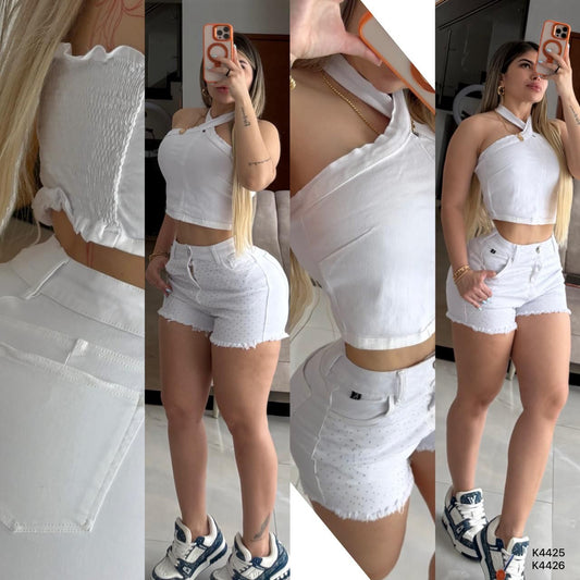 SET DE SHOR CON PEDRERIA BLANCO  K4425-K4425 💖 ENVÍO GRATIS 💖