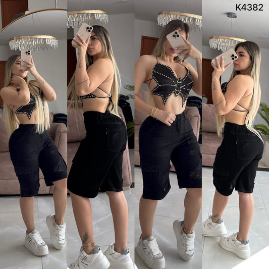 BERMUDA RIGIDA CON PEDRERIA 💖 ENVÍO GRATIS 💖
