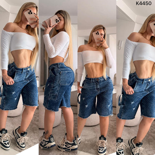 BERMUDA CON PEDRERIA COMPLETA RIGIDA  K4450💖 ENVÍO GRATIS 💖